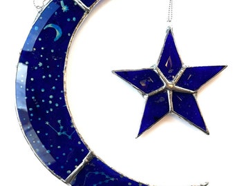 Love You to the Moon and Stars and Back- 10"x 9" sun catcher-beveled glass lacquered with paper backing/window decor crescent moon and star.