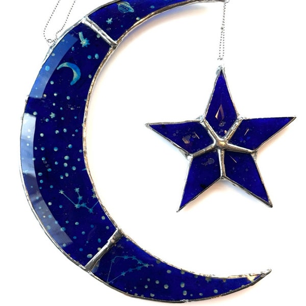 Love You to the Moon and Stars and Back- 10"x 9" sun catcher-beveled glass lacquered with paper backing/window decor crescent moon and star.