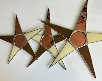 Three Neapolitan Ice Cream Stars in 8", 10" and 13" size- Pink mirror, chocolate brown and vanilla art glass