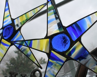 Clark Star 9 inch royal blue and yellow stained glass