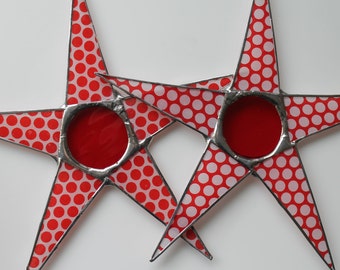 Red and White Polka Dots- lacquered Lokta paper on glass with red stained glass cabochon center 9 inches