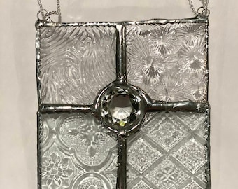 Celestial Window- 3.1" x 3.2" patterned clear glass window with cut glass diamond center with ball chain