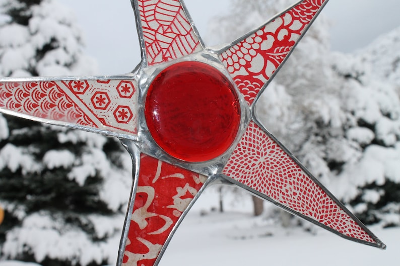 Plump Poinsettia Star lacquered paper on glass, 9 inches image 1