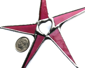 Tiny Valentine- raspberry stained glass star with clear cabochon heart center, 4.5 inches