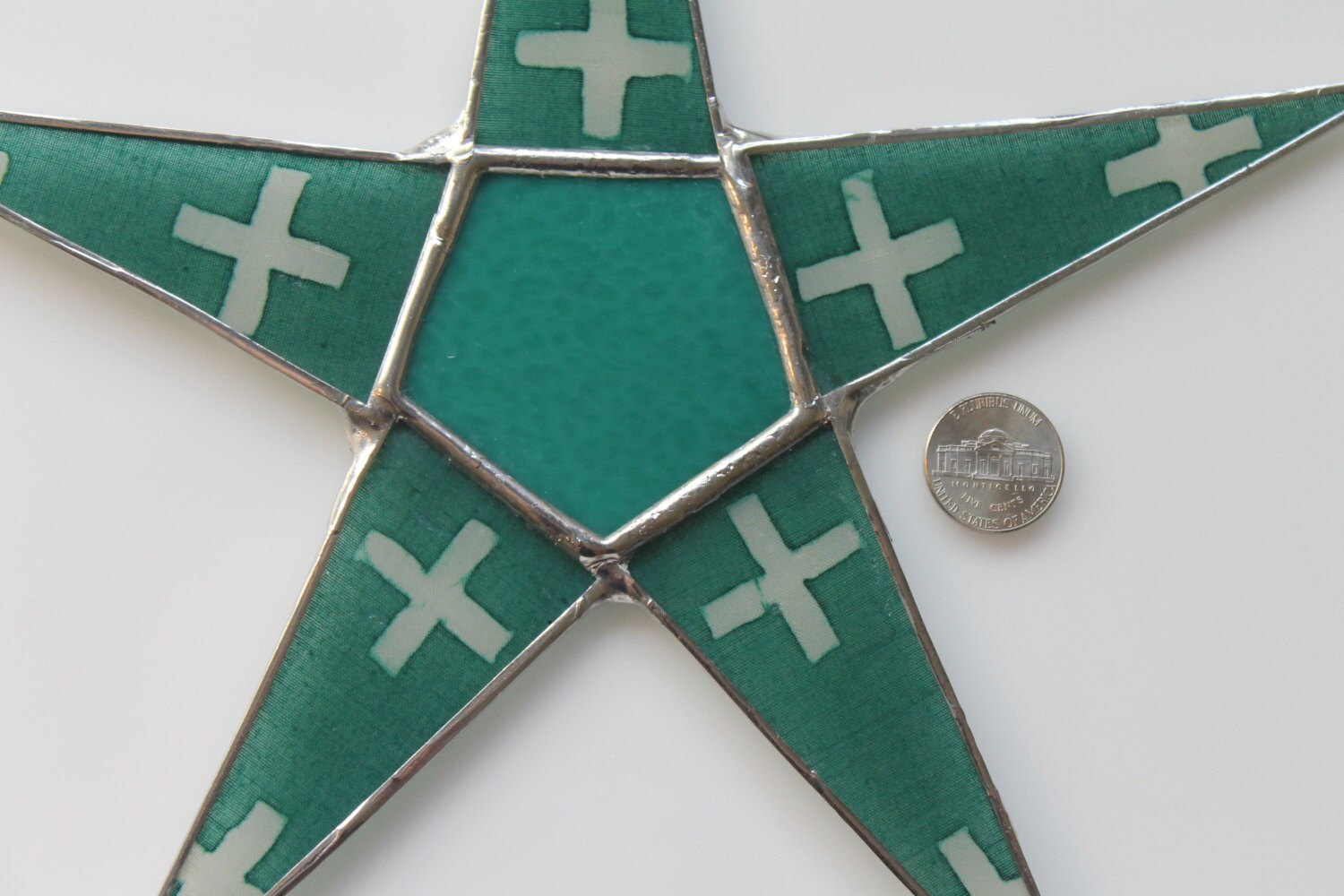 Teal Art Glass Star: Lacquered Fabric Points, 9.5 inch Hanging Ornament