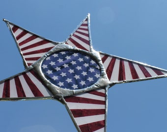 Old Glory Star- 10 inch lacquered glass red white and blue patriotic star