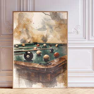 Vintage Billiards Wall Art Print – Pool Table Watercolor Digital Download, Game Room Decor, 8 Ball Sports Bar Poster, Man Cave Artwork