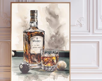 May include: A watercolor painting of a bottle of whiskey with a glass of whiskey and ice cubes. The bottle is labeled "Whiskey Est. 1907 Double Aged". There are two billiard balls on the table.