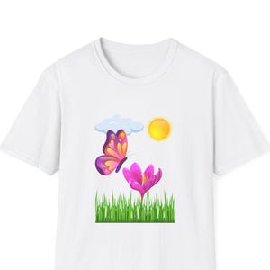 Butterfly & Flower T-Shirt, Unisex Softstyle Tee, Spring and Summer Fashion, Nature Lover Gift, Cute Summer Shirt, Perfect for Casual Days