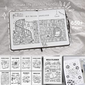 K&ouml;nnte beinhalten: Ein Life-Planner-Bundle mit dem Text "Ultimate life planner bundle". Der Planer zeigt eine detaillierte B&uuml;cherregal-Illustration und enth&auml;lt verschiedene Arten von Planern wie Lese-, Ziel- und Essensplaner. Der Planer hat &uuml;ber 650 Seiten.
