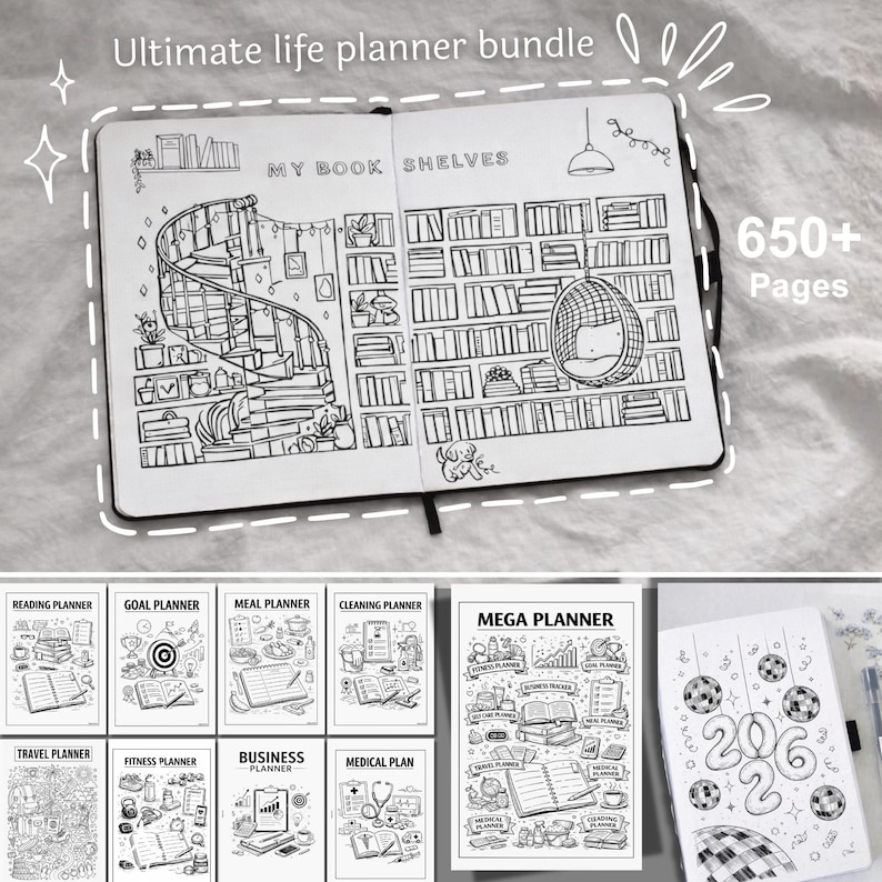 K&ouml;nnte beinhalten: Ein Life-Planner-Bundle mit dem Text "Ultimate life planner bundle". Der Planer zeigt eine detaillierte B&uuml;cherregal-Illustration und enth&auml;lt verschiedene Arten von Planern wie Lese-, Ziel- und Essensplaner. Der Planer hat &uuml;ber 650 Seiten.