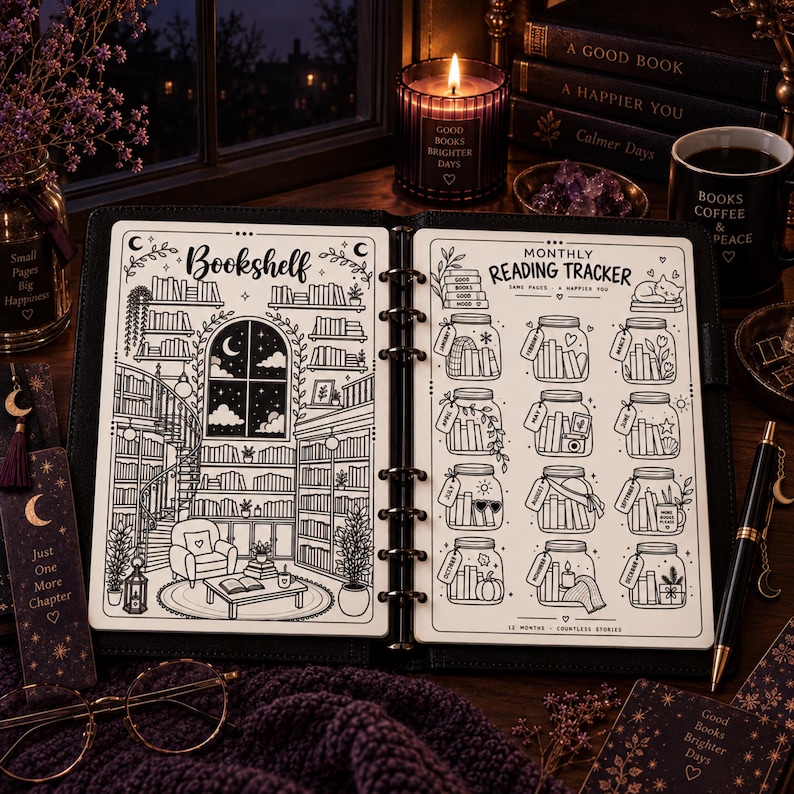 May include: An open ring-bound planner featuring a black and white illustration of a cosy library bookshelf on the left page and a monthly reading tracker with twelve jar-shaped graphics labelled by month on the right page, set in a dark room.