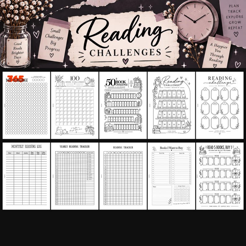 May include: A collection of ten printable reading challenge and tracking sheets featuring black and white line art designs. The pages include various layouts for logging books, monthly and yearly trackers, and specific challenges like 365 days, 100 books, and 50 books, all with clear headings and grid structures.