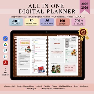 Può includere: Un planner digitale con una copertina in pelle marrone e una rilegatura a spirale. Il planner è aperto su una vista settimanale con un programma, un elenco di cose da fare e una sezione di note. Il planner include anche una sezione per pagare le bollette, le affermazioni e le liste della spesa. Il planner è progettato per l'uso con app di note digitali come Notability, Adobe e XODO. Il planner include oltre 700 pagine, 50 modelli, 35 quaderni, 100 copertine e oltre 700 adesivi.