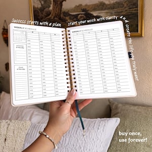 K&ouml;nnte beinhalten: Ein offener Wochenplaner mit goldener Spiralbindung. Der Planer hat ein cremefarbenes Cover und enth&auml;lt Abschnitte f&uuml;r Tagespl&auml;ne, Priorit&auml;ten und Ziele. Der Text auf dem Bild lautet: "Success starts with a plan" und "buy once, use forever!"