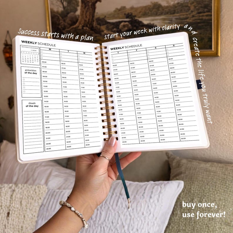 K&ouml;nnte beinhalten: Ein offener Wochenplaner mit goldener Spiralbindung. Der Planer hat ein cremefarbenes Cover und enth&auml;lt Abschnitte f&uuml;r Tagespl&auml;ne, Priorit&auml;ten und Ziele. Der Text auf dem Bild lautet: "Success starts with a plan" und "buy once, use forever!"