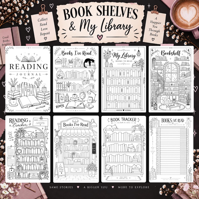 May include: A collection of eight black and white printable reading journal pages featuring illustrations of bookshelves, cats, plants, and reading accessories. The pages include text headers like Reading Journal, Books I've Read, My Library, and Book Tracker.