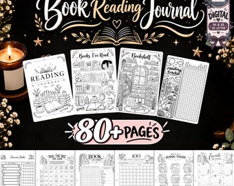 Printbare set met meer dan 80 pagina's voor een leesdagboek, inclusief boekenplanner en maandplanner (digitale download).