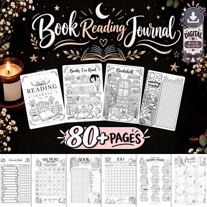 May include: A digital book reading journal with 80+ pages, featuring black and white line art templates including a bookshelf, reading tracker, book tetris, 100 book challenge, and monthly trackers, presented in A4, A5, and US Letter sizes.