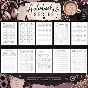 May include: A collection of ten printable reading tracker pages featuring black and white line art designs. The sheets include trackers for audiobooks, book series, reading challenges, and abandoned books, with decorative elements like headphones and books.