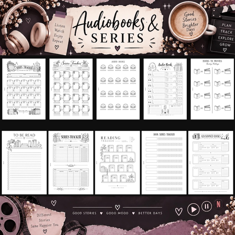 May include: A collection of ten printable reading tracker pages featuring black and white line art designs. The sheets include trackers for audiobooks, book series, reading challenges, and abandoned books, with decorative elements like headphones and books.