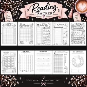 May include: A collection of ten black and white printable reading tracker pages featuring various layouts including book lists, genre trackers, and yearly planners. Each page contains headers with the text Reading Tracker and decorative illustrations.