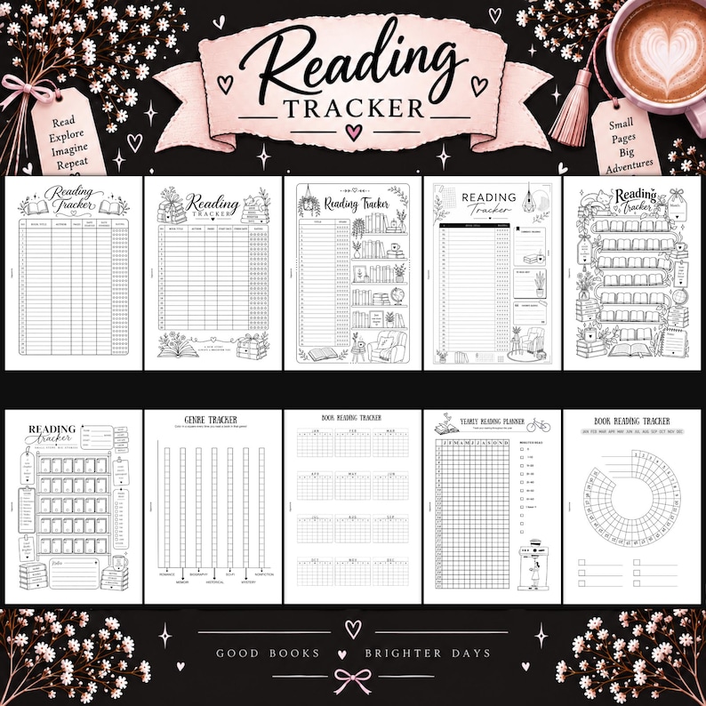 May include: A collection of ten black and white printable reading tracker pages featuring various layouts including book lists, genre trackers, and yearly planners. Each page contains headers with the text Reading Tracker and decorative illustrations.