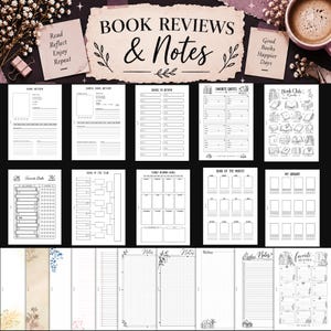 May include: A collection of printable book review and reading journal pages featuring black and white templates for book reviews, series tracking, reading goals, favourite quotes, and library lists, with a header reading BOOK REVIEWS & Notes.