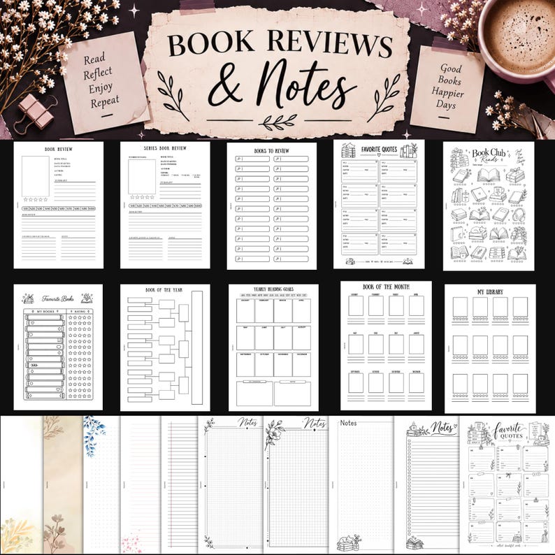 May include: A collection of printable book review and reading journal pages featuring black and white templates for book reviews, series tracking, reading goals, favourite quotes, and library lists, with a header reading BOOK REVIEWS & Notes.
