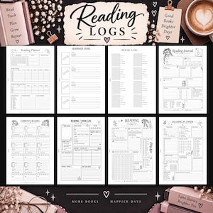 May include: A collection of eight printable reading log pages featuring black text and line art on white backgrounds. The pages include sections for book titles, authors, reviews, ratings, and reading goals, with headers like Reading Planner and Book Log.