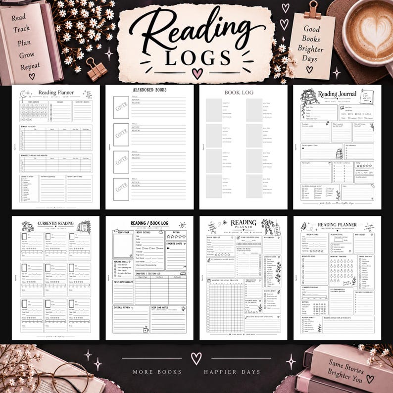 May include: A collection of eight printable reading log pages featuring black text and line art on white backgrounds. The pages include sections for book titles, authors, reviews, ratings, and reading goals, with headers like Reading Planner and Book Log.
