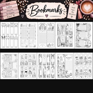 May include: A collection of printable black and white bookmarks and reading trackers featuring various illustrations including animals, floral patterns, books, and text such as "Reading Tracker," "Books I Read," and "Do Not Disturb" on a dark background.