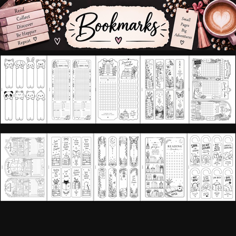 May include: A collection of printable black and white bookmarks and reading trackers featuring various illustrations including animals, floral patterns, books, and text such as "Reading Tracker," "Books I Read," and "Do Not Disturb" on a dark background.