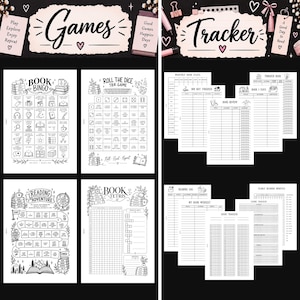May include: A collection of printable reading planner pages featuring black and white line art. The set includes game-themed sheets like Book Bingo, Roll the Dice, Reading Adventure, and Book Tetris, alongside tracker pages for book stats, reviews, and wishlists.
