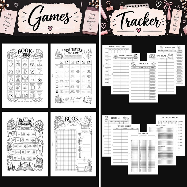 May include: A collection of printable reading planner pages featuring black and white line art. The set includes game-themed sheets like Book Bingo, Roll the Dice, Reading Adventure, and Book Tetris, alongside tracker pages for book stats, reviews, and wishlists.