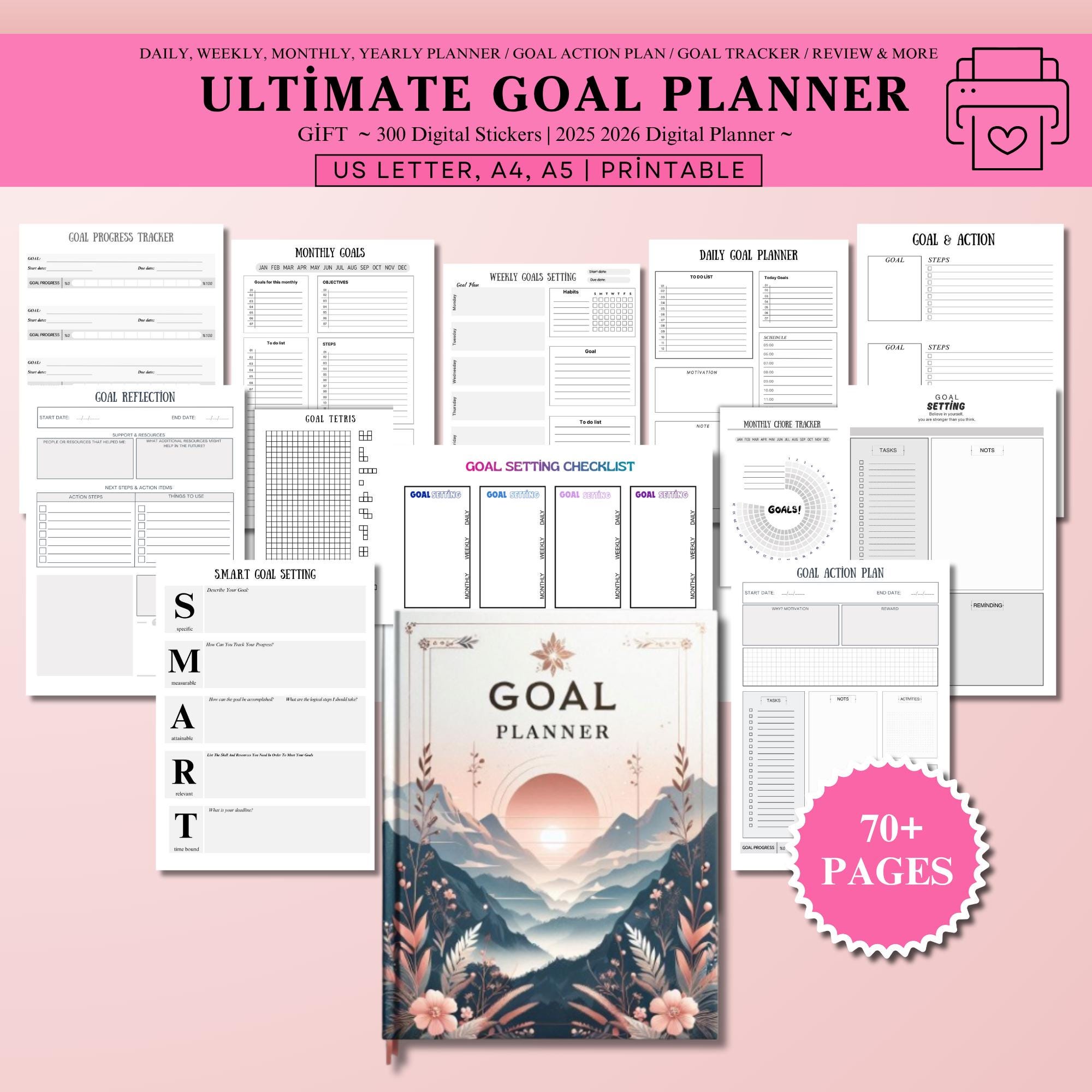 Goal Planner Bundle | 70+ Printable Pages, Digital Tracker (A4, A5, US ...