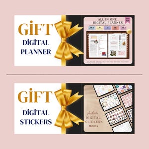 K&ouml;nnte beinhalten: Zwei Banner mit Geschenkthema. Das obere Banner zeigt "GIFT DIGITAL PLANNER" mit einer goldenen Schleife. Die rechte Seite zeigt einen digitalen Planer mit dem Text "ALL IN ONE DIGITAL PLANNER". Das untere Banner zeigt "GIFT DIGITAL STICKERS" mit einer goldenen Schleife. Die rechte Seite zeigt digitale Aufkleber.