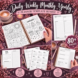 Könnte beinhalten: Ein Planer-Vorlagen-Bundle für täglich, wöchentlich, monatlich und jährlich mit über 80 Seiten. Der Spiralplaner zeigt eine Januar-Seite für 2027 mit Weltraum-Illustrationen, ein Tagesplaner-Blatt und einen Monatskalender.