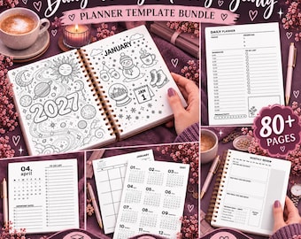 May include: A Daily-Weekly-Monthly-Yearly planner template bundle featuring 80+ pages. The spiral-bound planner displays a 2027 January page with space-themed illustrations, a daily planner sheet, a monthly calendar, and a monthly review page.