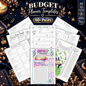May include: A collection of printable budget planner templates featuring over 80 pages. The sheets include trackers for car funds, financial goals, savings challenges, and a colorful budget tracker with a jar graphic and text.
