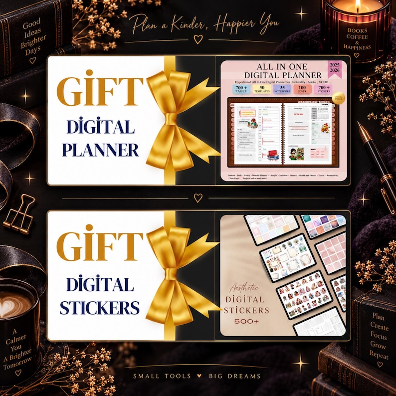 May include: Two rectangular gift cards featuring a gold ribbon and bow. The top card displays the text GIFT DIGITAL PLANNER and shows a planner interface. The bottom card displays the text GIFT DIGITAL STICKERS and shows a collection of digital stickers.