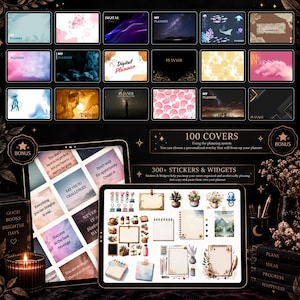 May include: A digital planner kit featuring 100 cover designs with various patterns, landscapes, and abstract art. The set includes 300+ digital stickers and widgets, displayed on two tablet screens, showcasing floral, stationery, and motivational quote graphics.