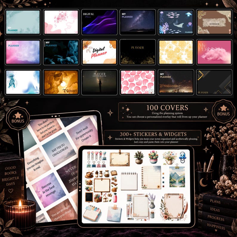May include: A digital planner kit featuring 100 cover designs with various patterns, landscapes, and abstract art. The set includes 300+ digital stickers and widgets, displayed on two tablet screens, showcasing floral, stationery, and motivational quote graphics.