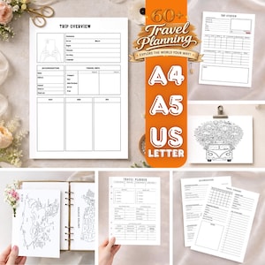 Reseplanerare med över 60 sidor: Resplan, packlista, budgetöversikt, världskartjournal (digital nedladdning)