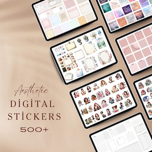 Könnte beinhalten: Ein digitales Sticker-Paket mit über 500 ästhetischen Stickern. Die Sticker beinhalten Illustrationen von Menschen, Pflanzen und anderen niedlichen Designs. Es gibt auch Planerseiten und andere Organisationswerkzeuge.