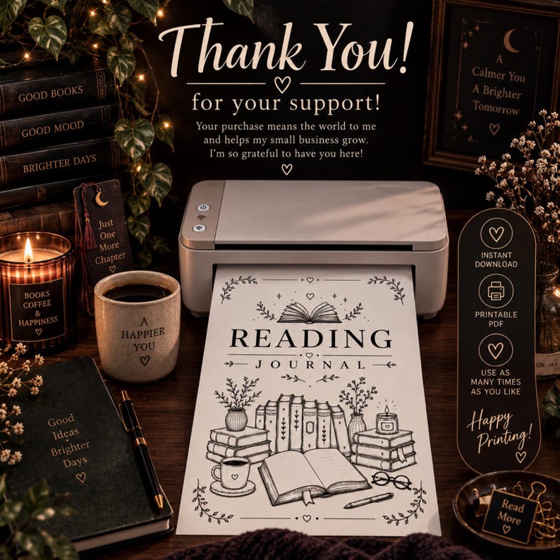 May include: A white printer outputting a page titled Reading Journal with black ink illustrations of books, a cup, and a candle. The scene includes a candle, a mug, a notebook, and a pen, with text reading Thank You for your support and Instant Download.