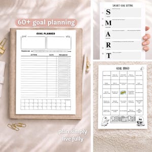 K&ouml;nnte beinhalten: Eine Sammlung von druckbaren Vorlagen zur Zielplanung. Das Bild zeigt einen Zielplaner, ein SMART-Zielsetzung-Blatt und ein Ziel-Bingo-Blatt. Der Planer hat Abschnitte f&uuml;r Aktion, Datum und Fortschritt. Der Text "60+ goal planning" ist sichtbar.