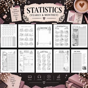 May include: A collection of printable reading tracker pages featuring black and white line art designs. The sheets include monthly and annual reading logs, genre trackers, and page count charts with illustrations of books, cats, and plants.