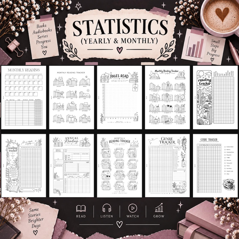 May include: A collection of printable reading tracker pages featuring black and white line art designs. The sheets include monthly and annual reading logs, genre trackers, and page count charts with illustrations of books, cats, and plants.