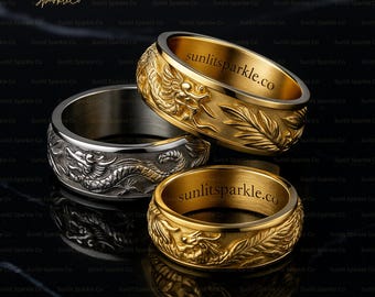 Anti Anxiety Spinner Ring, Silver And Gold Fidget Ring, Unisex Worry Ring Gift, Dragon Fidget Spinner Ring, Anti Stress Ring Gift For Her